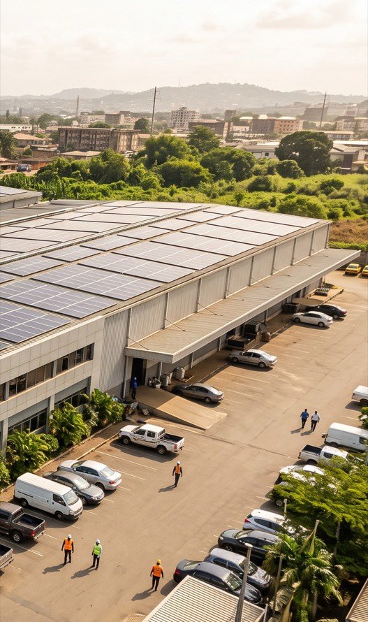 Bâtiment industriel dont la toiture est entièrement couverte de panneaux solaires, vue aérienne