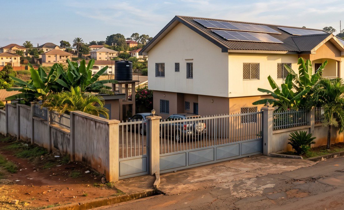 Maison individuelle équipée de panneaux solaires en toiture, dans un quartier résidentiel camerounais