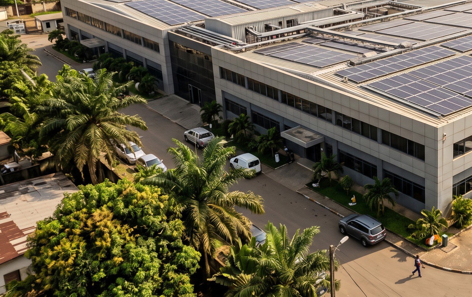Bâtiment professionnel équipé de panneaux solaires en toiture, au Cameroun